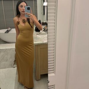 Maygel Coronel Maxi Dress with Rose Strap Detail in Bronze